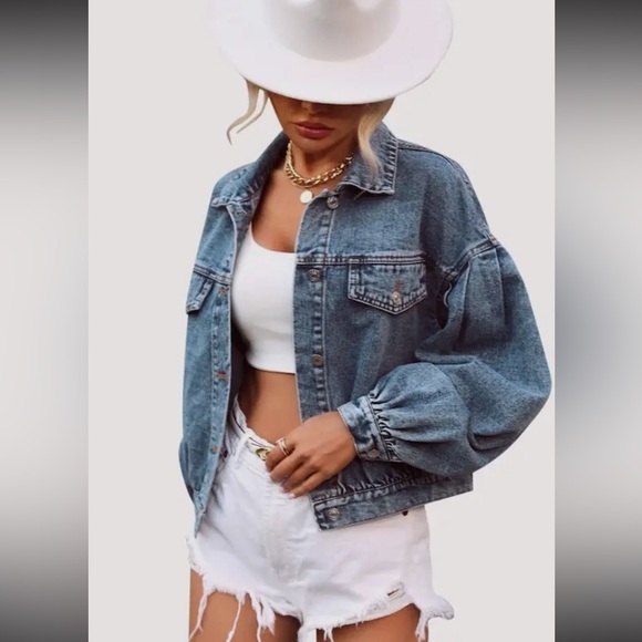 Miss Sparkling Jackets & Blazers - Classic Blue Denim Jacket - Women's Oversized Jean Jacket Ruffle Arm Detail